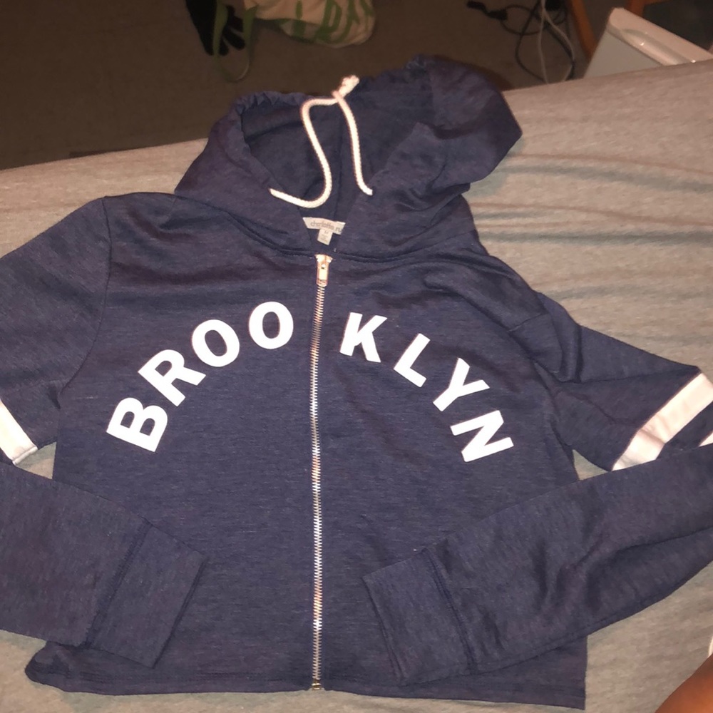 Navy Blue and white Brooklyn crop top hoodie.